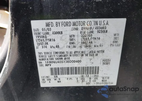 2003 Ford Excursion Limited from USA, damaged, VIN 1FMNU43S13ED20400